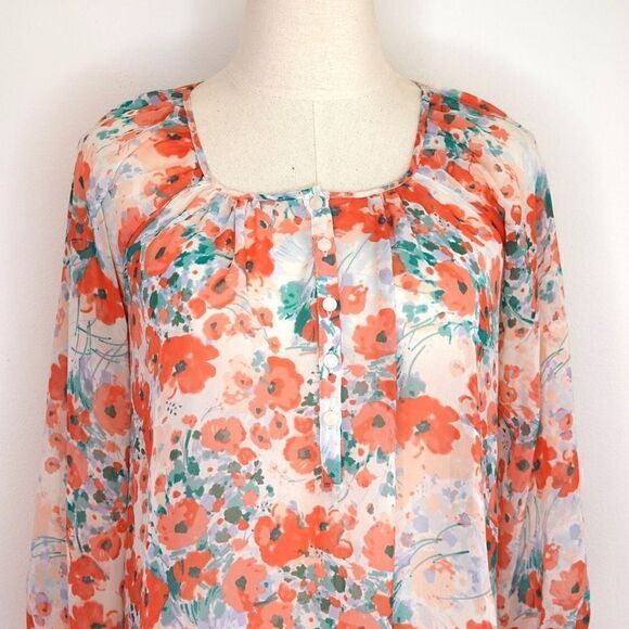 LC Lauren Conrad Bloomfest Popover Blouse White Green Coral Floral - S - Picture 2 of 15